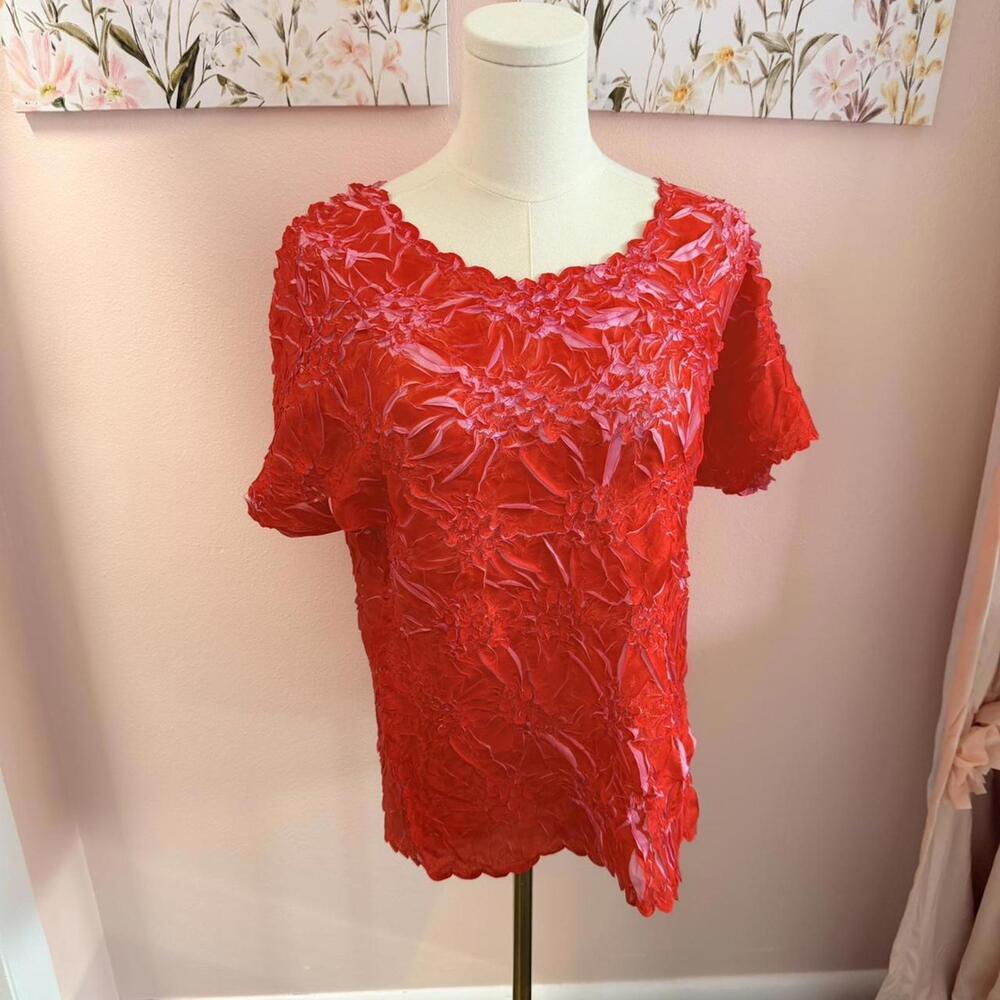 Magic Woman Red Textured Stretch Top | 3D Crinkle Popcorn Blouse | OS